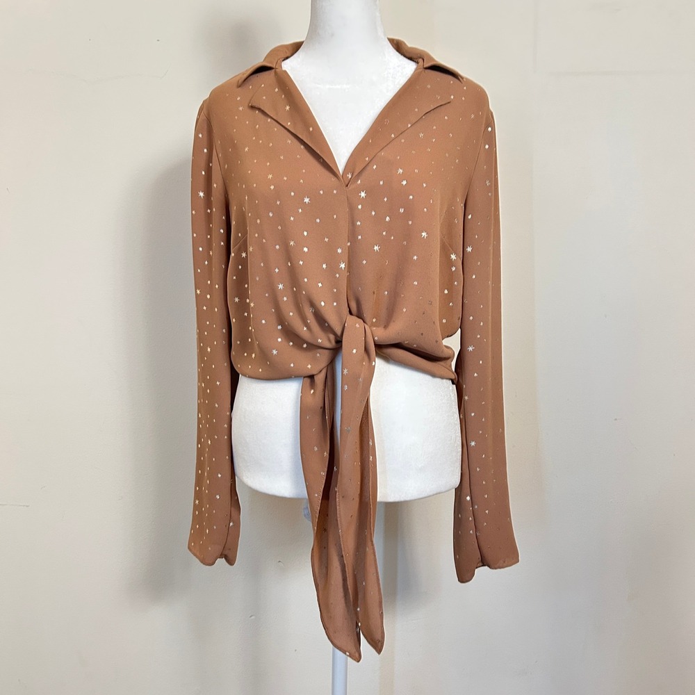 BCBGeneration Star Print Tie Front Blouse Brown Small Good